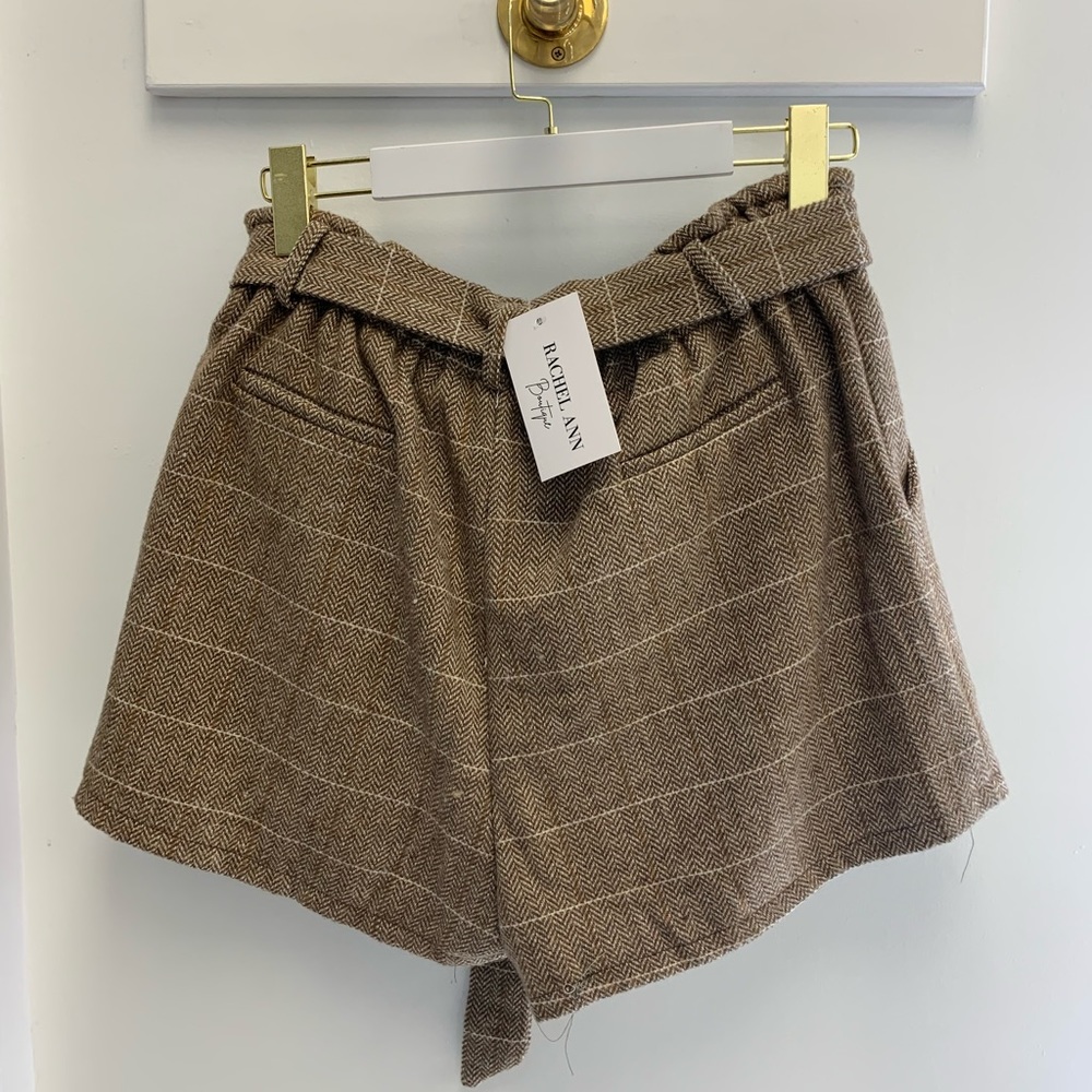 High waist belted tweed shorts